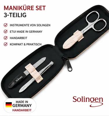 Obrázok produktu pre Sada na manikúru Solingen, 3-dielna, s nožnicami na nechty, pinzetou a pilníkom na nechty so saphírovým povrchom. Vyrobené v Nemecku. Farba: béžová