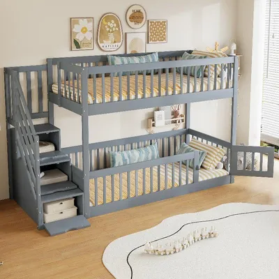 Produktbild von Etagenbett 90x200cm Kinderbett aus Holz in Grau mit Sicherheitstreppe, Schubladen und Geländer, platzsparendes Bett für Kinderzimmer