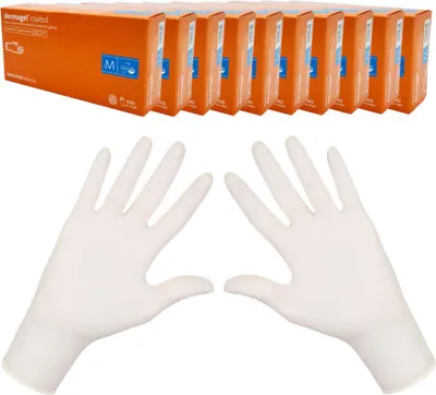 Produktbild von Latexhandschuhe M Mercator Dermagel beschichtet, 100 Stück, Karton mit 10 Packungen