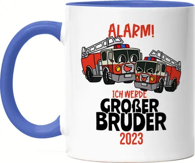 Produktbild von Ich Werde Großer Bruder 2023 Tasse Blau Ankündigung Schwangerschaft Feuerwehr-Auto Alarm Babynews