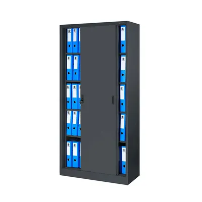 A dark gray metal filing cabinet with multiple shelves filled with blue binders, presented on a white background.