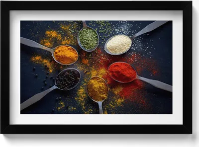 Produktbild von Küchenlöffel mit bunten Gewürzen– Wandbild mit Rahmen – Gerahmtes Bild  – Wanddekoration – 30x20 cm –  Schwarz Rahmen