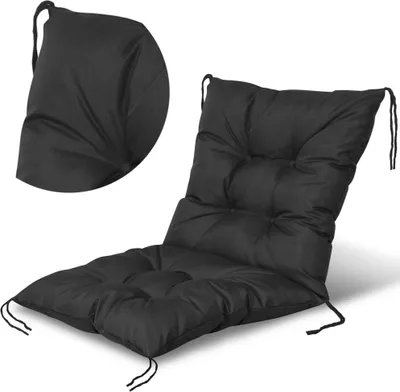 A black chair cushion is shown on a white background. A close-up of the top corner of the cushion is shown in the upper left corner.