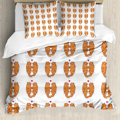 Produktbild von ABAKUHAUS Otter Bettbezug Set, Entzückendes Paar-Händchenhalten im See-Liebes-Thema-Valentinsgruß-Tag inspiriert, 200 x 200 cm + 80 x 80 cm, Marigold Blau Magenta