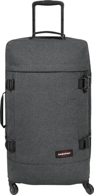 A studio shot of a dark gray rolling suitcase.