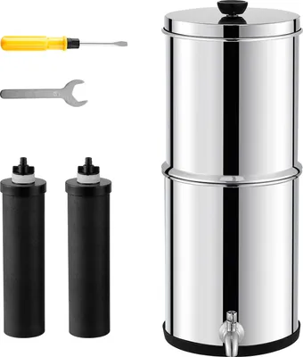 Obrázok produktu pre SucceBuy 2,25G gravitačný vodný filtračný systém, pracovná doska z nehrdzavejúcej ocele 304, znižuje obsah olova a chlóru, 2 uhlíkové filtre a kohútik, pre domácnosť, kempovanie, obytný automobil