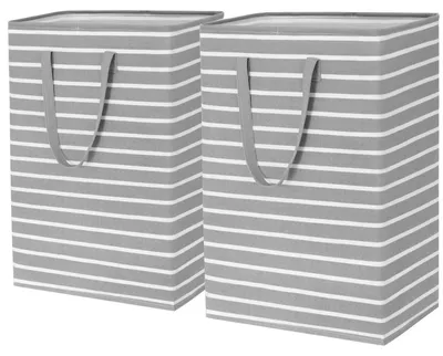 Productafbeelding van Opvouwbare wasmand, 75 liter, 43x60 cm, grijs en wit, canvas met metalen frame en verstevigde handgrepen