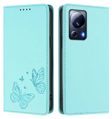 Obrázek produktu pro Kožené pouzdro pro Xiaomi 13 Lite, motýlí ražbou, peněženkové flip pouzdro se stojánkem Mátově zelená
