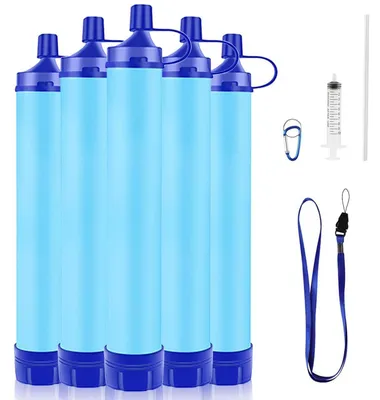 Obrázek produktu pro Sada 5 filtrů na vodu pro outdoorové použití a kempování, kapacita 1500 litrů, filtrace 0,1 mikronu, odstranění 99,99 % bakterií, bez BPA, barva: modrá