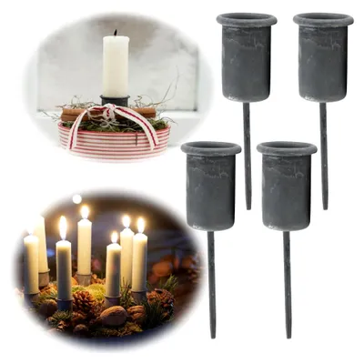 Produktbild von 4er Set Adventskerzenhalter Shabby Grau 8cm Metall für Stabkerzen