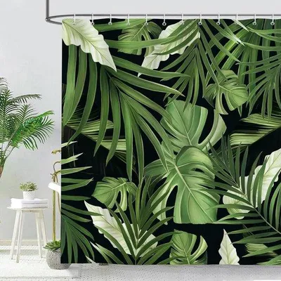 Obrázok produktu pre Sprchová záclona s motívom tropických listov, zelených palmových listov a rastlín, do kúpeľne, záclona, 180 x 180 cm, vodovzdorná, plesňovzdorný polyester, kúpeľňová záclona s 12 háčikmi