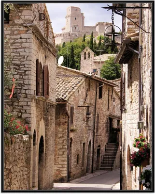Produktbild von Wallario Wandbild Italienische Gasse, Größe: 40,30 x 50,30 cm, Poster mit schwarzem Aluminiumrahmen