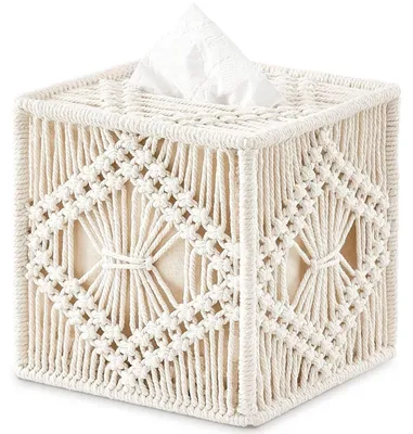 Immagine prodotto di Scatola per fazzoletti in macramè, quadrata, con fondo aperto, color avorio, 14x14x14 cm