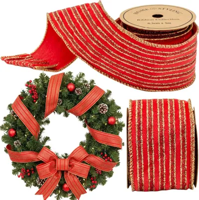 Produktbild von Rote Geschenkband-Schleife 6,3 cm × 3 m – Dekoband mit goldenen Streifen