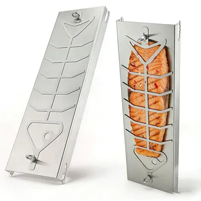 Image de Ensemble de 2 plaques de cuisson pour poisson en acier inoxydable, pour grill, avec rotation à 180°