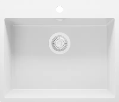 A top-down view of a white kitchen sink with a drain assembly.