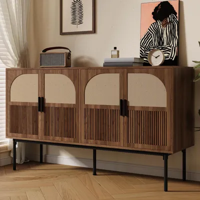 Immagine prodotto di Mobile contenitore con 4 ante, dimensioni 140x40x80 cm, aspetto legno, rattan, struttura in acciaio