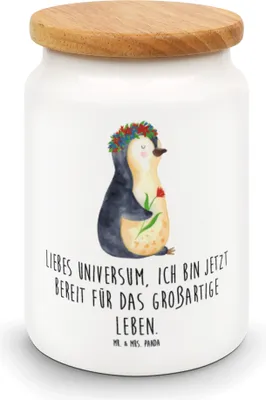 Produktbild von Mr. & Mrs. Panda Kaffeedose Pinguin Blumen - Weiß - Geschenk, Motivation, Dose, Vorratsbehälter, Universum, zuckerdose, Positiv, Leben, Wünsche, Keksdose, behälter