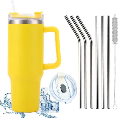 Produktbild von 1200 ML Isolierbecher Edelstahl mit Griff 40 OZ Doppelwandiger Kühlbecher Reisebecher Autobecher mit Strohhalm und Auslaufsicher Becherdeckel, gelb, 9 Stück, 40 OZ