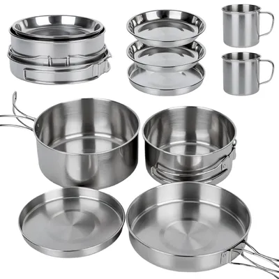 Produktbild von Camping-Kochgeschirr Set, Edelstahl, mit klappbarem Besteck, stapelbar, 1 Set, für Camping