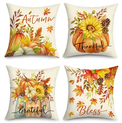 4er Set Kissenbezüge 45x45 cm Herbst Kürbis Sonnenblume