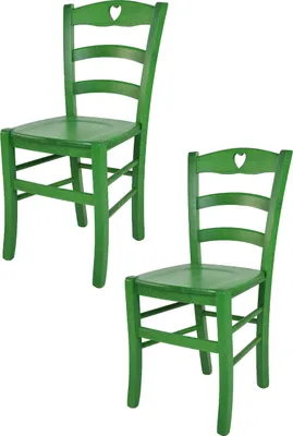 Two green wooden chairs with heart cutouts on a white background.