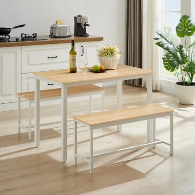 Produktbild von Esstisch-Set, Bartisch mit 2 Essbänken, Küchentisch mit Stühlen, industrieller Frühstückstisch für Küche, Wohnzimmer, Partyraum, naturfarben