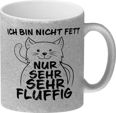 Produktbild von Ich bin nicht Fett nur sehr fluffig Glitzer-Kaffeebecher mit lustiger Katze