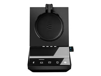 A black headset base station with a cradle for the headset, and buttons on the front.