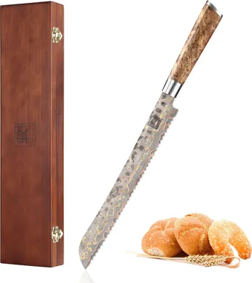 Produktbild von MysticMagma Damast Brotmesser 27cm - Damaststahl mit Wellenschliff - Exklusives Geschenkset mit Holzbox