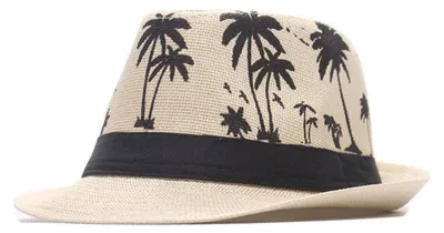 Produktbild von 56-58 cm Hutumfang, Herren- und Damen-Jazzhut mit Kokosnussbaummuster, Strohhut als Sonnenschutz für Sommer, Strand und Sonne