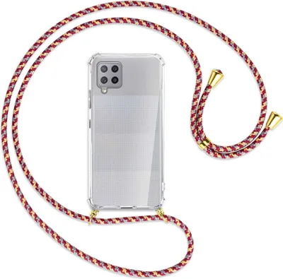 Produktbild von Handykette Backcover-Schutzhülle mit Band (Metall goldfarben) für Samsung Galaxy A42 5G - weinrot/gelb/grau