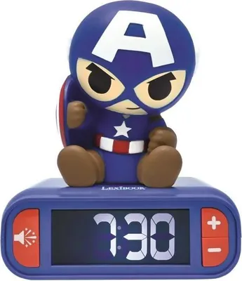 Produktbild von Wecker Nachtlicht Digital LEXIBOOK Captain America, 3D Leuchtend & Sound, 6 Klingeltöne, LCD Bildschirm, Snooze Funktion, Kinder