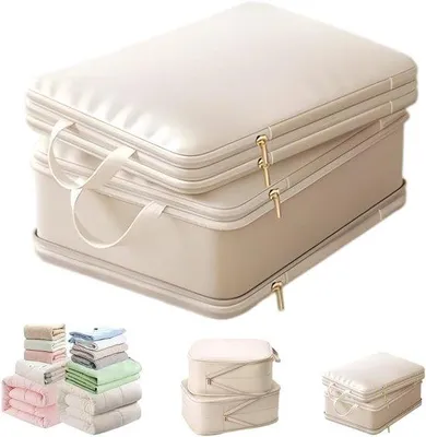 Immagine prodotto di Borsa a compressione a doppio strato - Con cerniera e manico - Per indumenti e biancheria da letto - Beige - Piccola