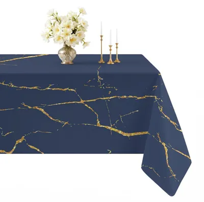 Productafbeelding van Tafelkleed, linnenlook, marmerprint, goud, blauw, 140 x 200 cm, afwasbaar, rechthoekig