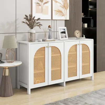 Produktbild von STILVORA Sideboard mit 4-Rattantür Metallgriff einfaches Buffetschrank für Esszimmer Wohnzimmer weiß