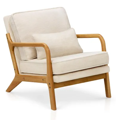 Immagine prodotto di Poltrona da salotto COLAMY con cuscino lombare, poltrona in stile mid-century con struttura in legno massello, color beige