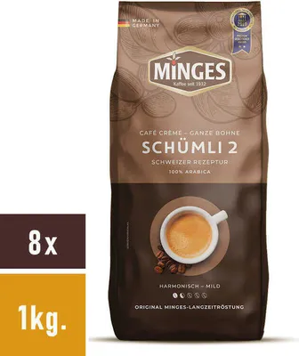 A bag of coffee beans with a cup of coffee and coffee beans depicted.