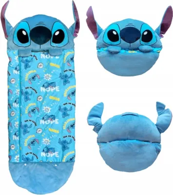 A Stitch sleeping bag and two plush toys.