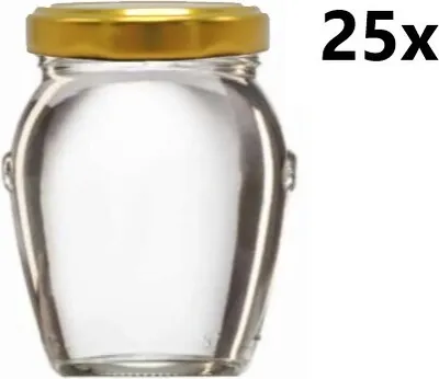 A clear glass jar with a gold lid, shown in isolation against a white background. The text '25x' is visible on the right side of the image.