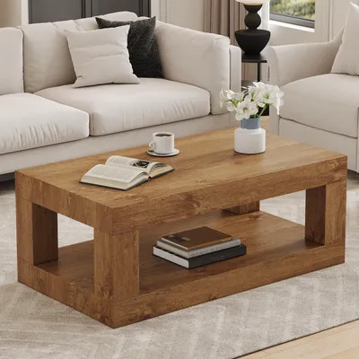 Image de Table basse rectangulaire moderne à 2 niveaux, étagère ouverte, en MDF, stable & durable, montage facile – idéale pour le salon