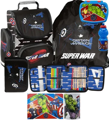 Immagine prodotto di Zaino ergonomico AVENGERS, set da 7 pezzi, zaino per la scuola, zaino a forma di zaino, zaino per la scuola, CAPTAIN AMERICA, MARVEL, per ragazzi