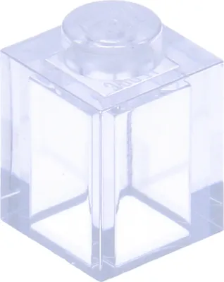 A single transparent LEGO brick is shown from a slightly elevated angle.