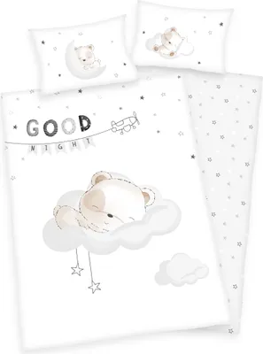 Produktbild von 3 tlg Baby Wende Bettwäsche Set Flanell - schlafendes Bärchen - 40x60 100x135 cm + 1 Spannbettlaken 60x120 - 70x140 cm