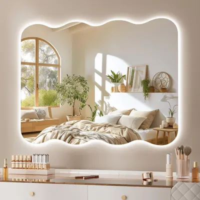 Produktbild von LED Badezimmerspiegel 71x50 cm Wellendesign mit Anti-Beschlag 3 Lichtfarben Dimmbar Touch-Steuerung