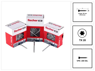 Produktbild von Fischer Spanplattenschraube 3,5x25 PowerFast FPF II PTF BC, Panhead, Innenstern TX, Vollgewinde