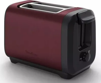 A red and black toaster on a white background.