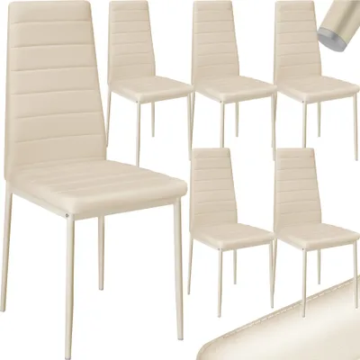 A set of six beige dining chairs arranged in two rows against a white background.