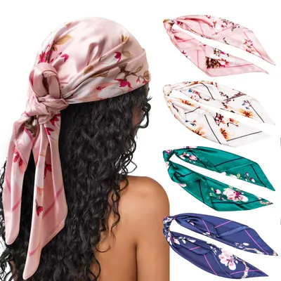 Image de Foulard satin - Carré - Motif classique - Lot de 4 - Pour les cheveux et le cou