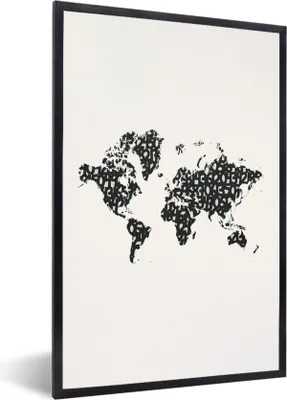 Produktbild von MuchoWow® Gerahmtes Poster Weltkarte - Zahlen - Schwarz 20x30 cm - Poster mit Schwarzem Bilderrahmen Wandposter Rahmen Foto Bilder - Drucken - Bilder Poster im Rahmen